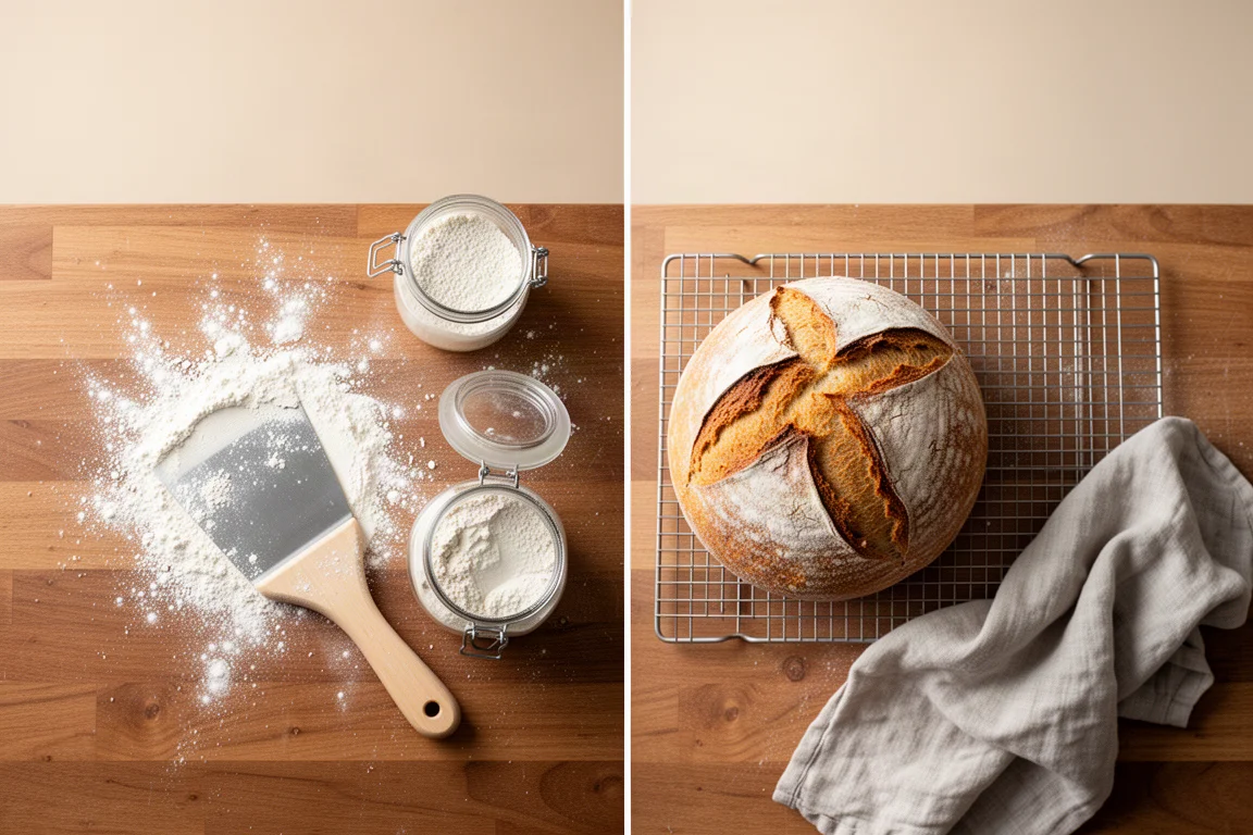A home baker's bread setup with flour, dough scraper, and cooling loaves