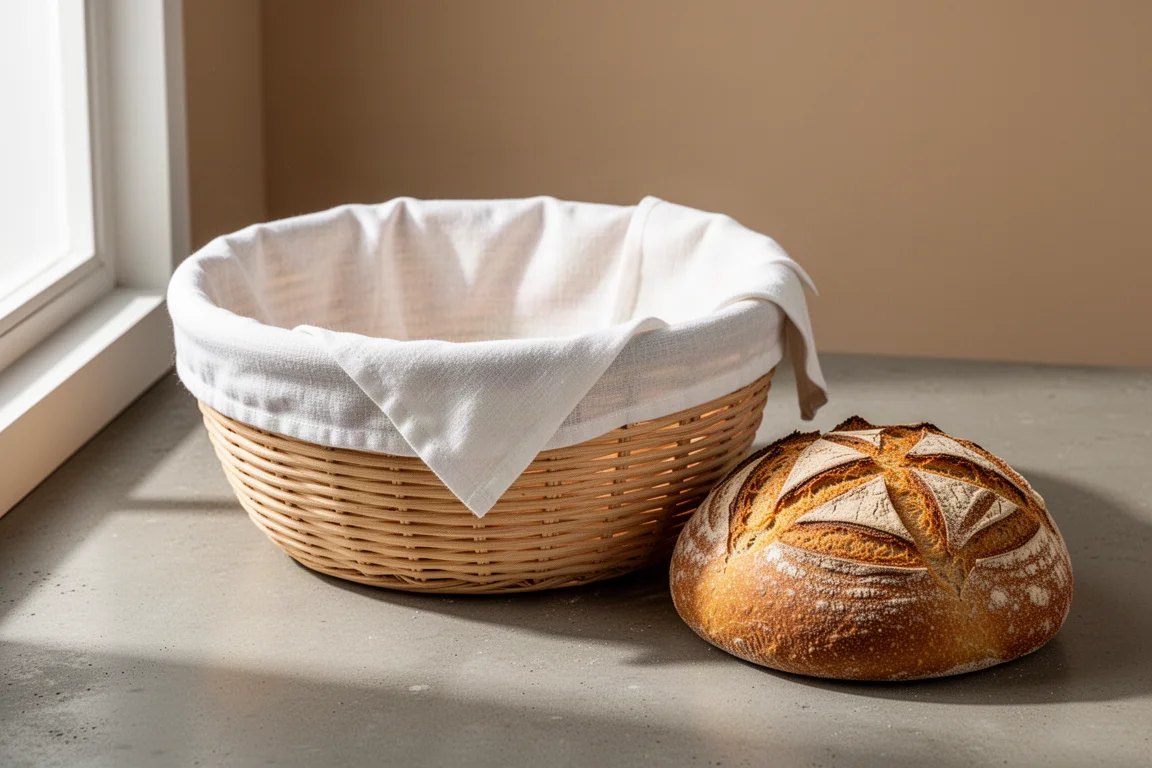 Round rattan proofing basket with liner beside a patterned crust loaf
