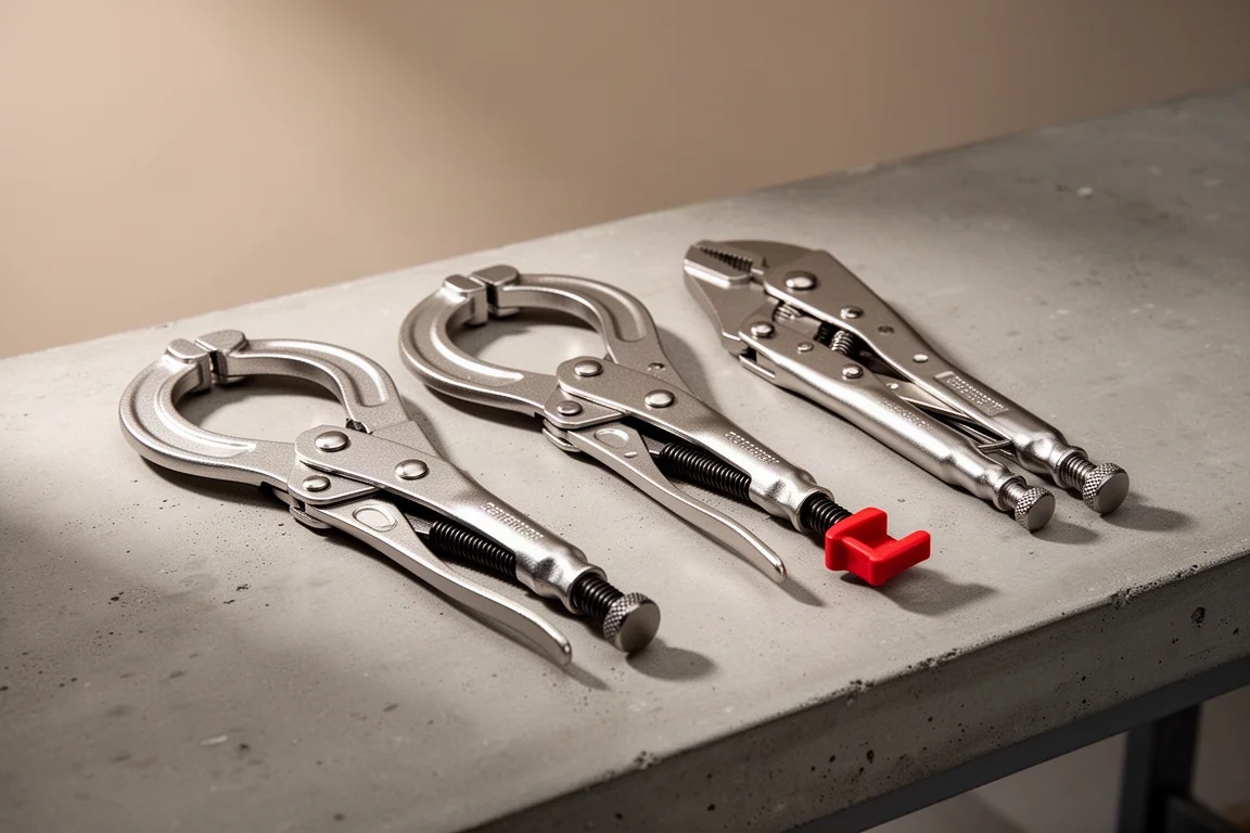 Three locking pliers lined up on a concrete workbench