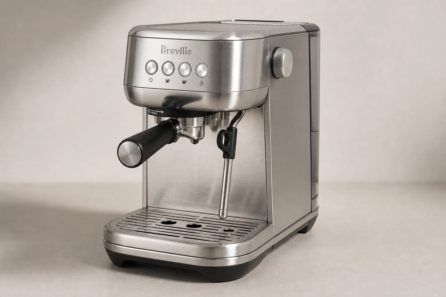 Breville and De'Longhi espresso machines side by side showing design contrast