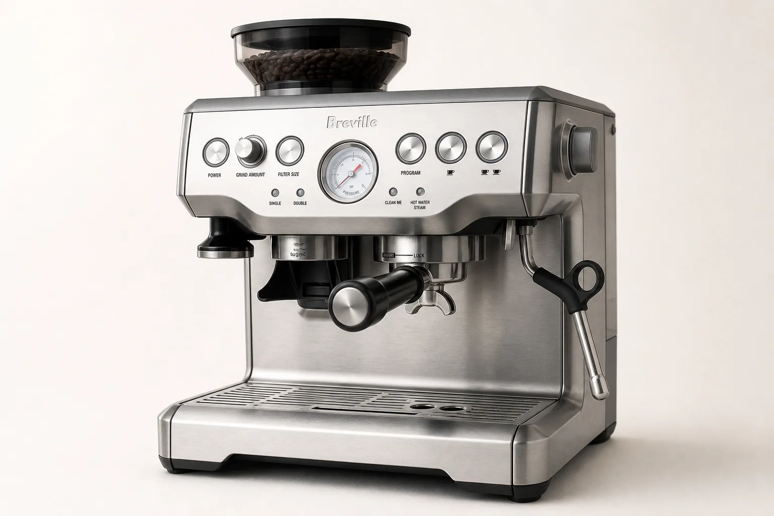Breville and De'Longhi espresso machines side by side showing design contrast