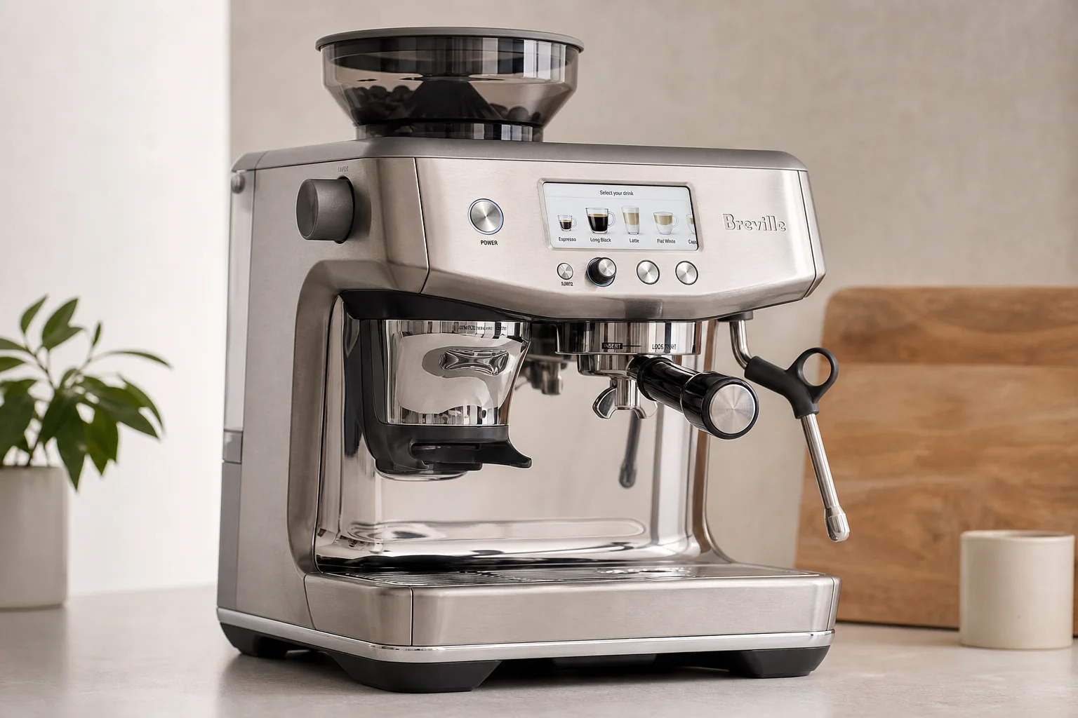 Five coffee makers with integrated grinders arranged on concrete surface