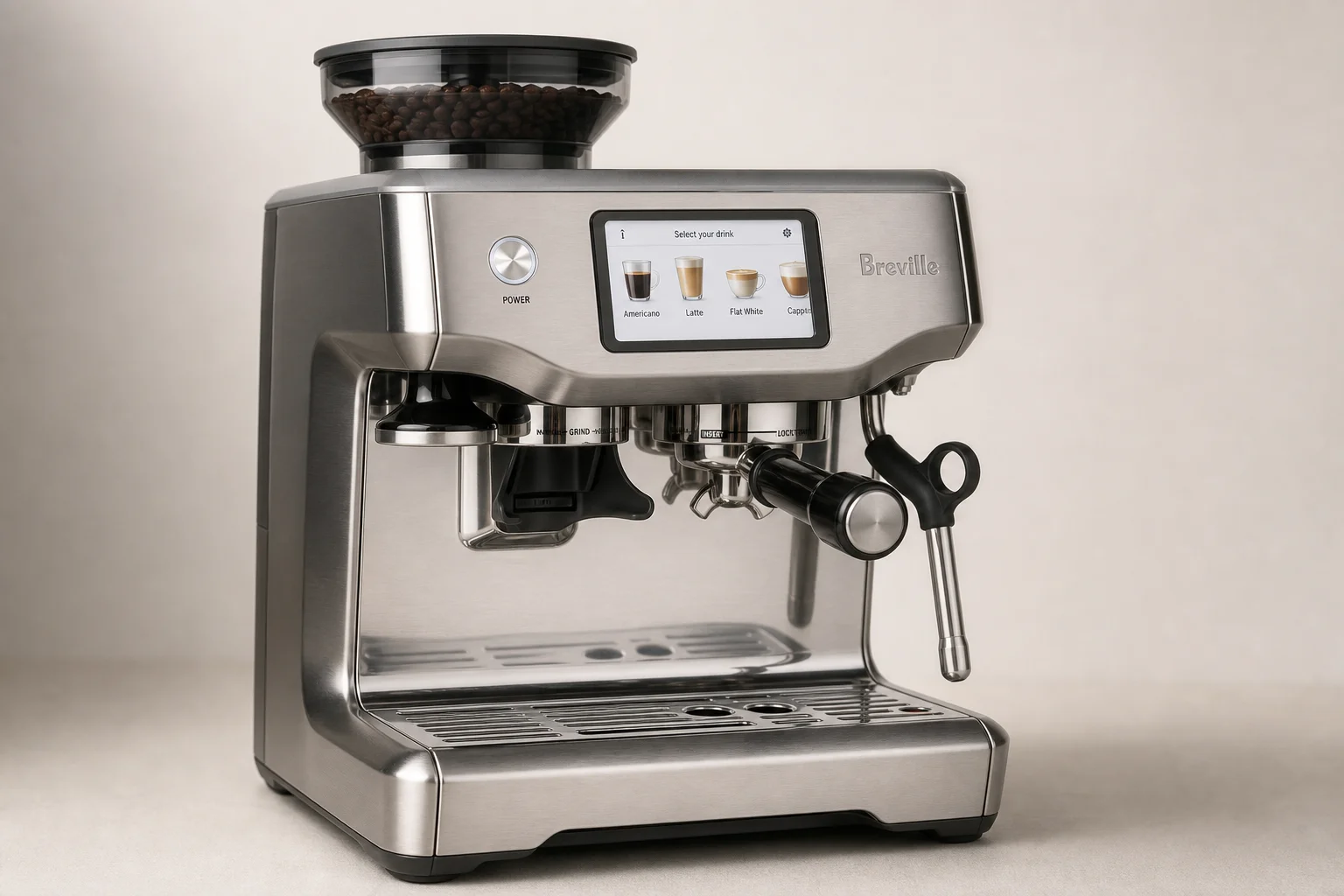 Breville and De'Longhi espresso machines side by side showing design contrast
