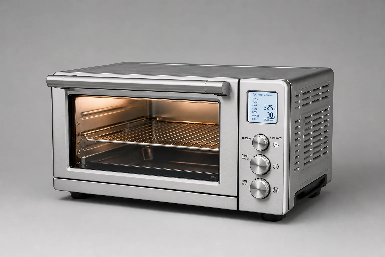 Five toaster ovens of varying sizes arranged on concrete surface