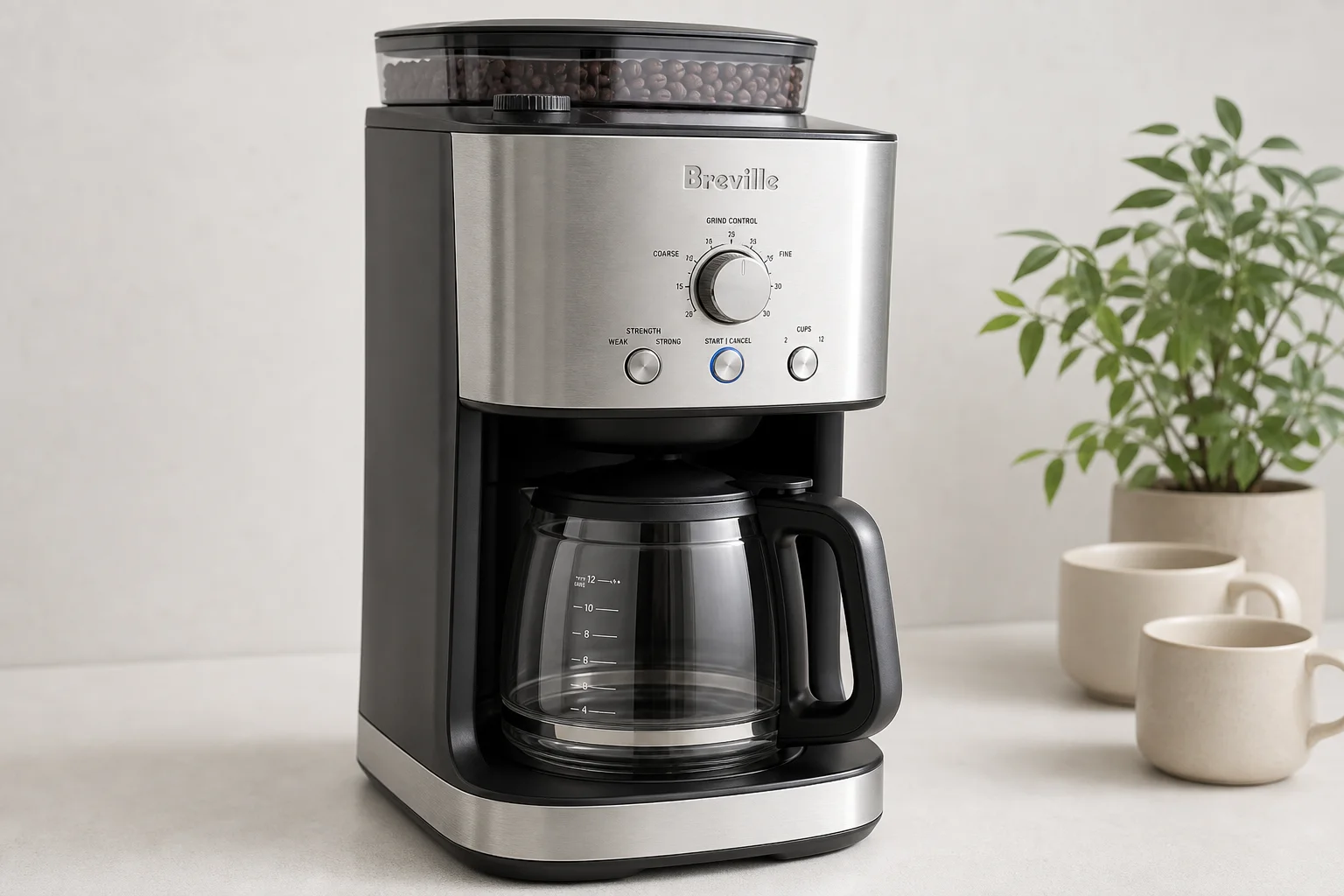 Five coffee makers with integrated grinders arranged on concrete surface