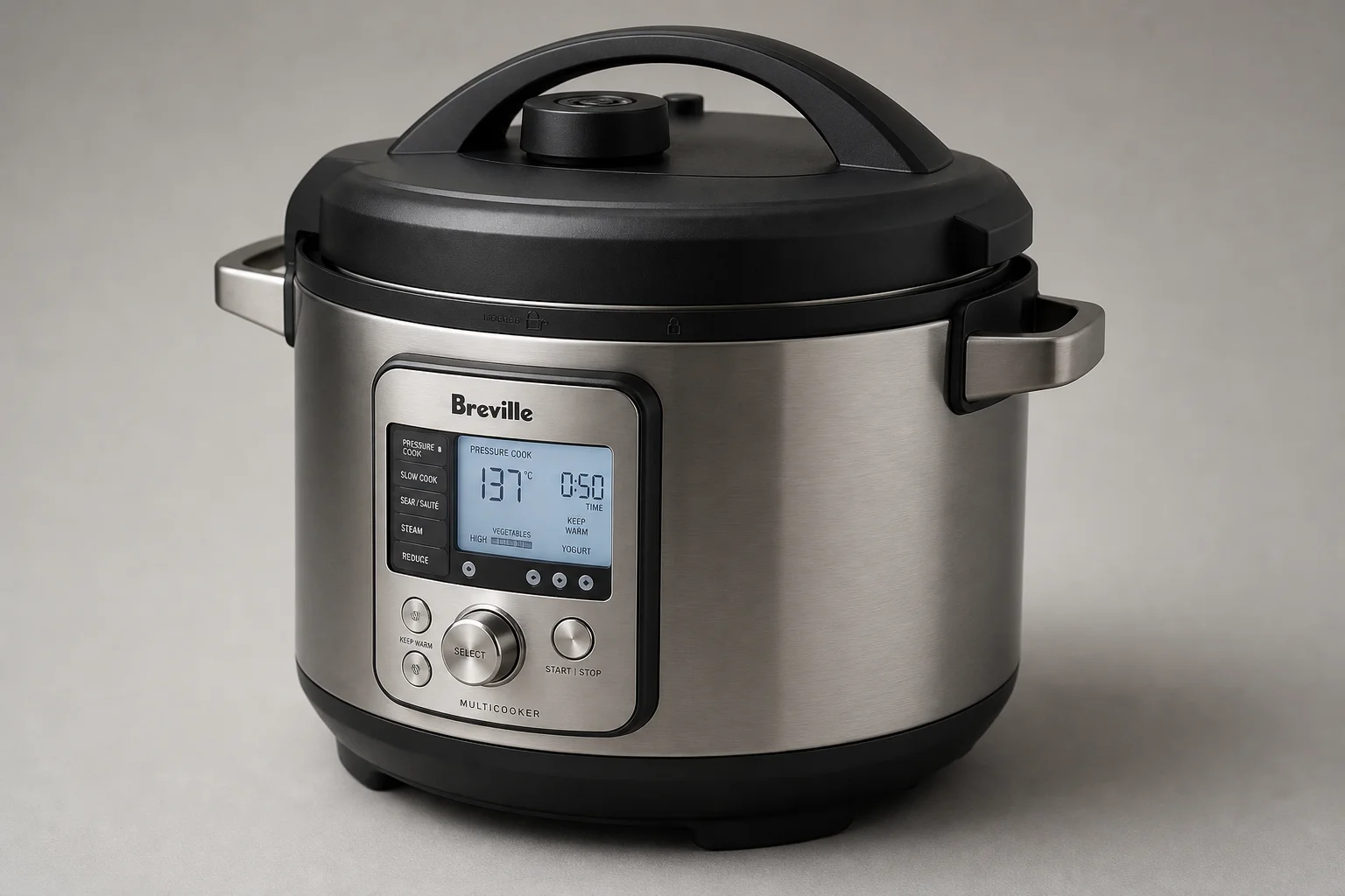 Instant Pot and Breville multicookers side by side on concrete surface