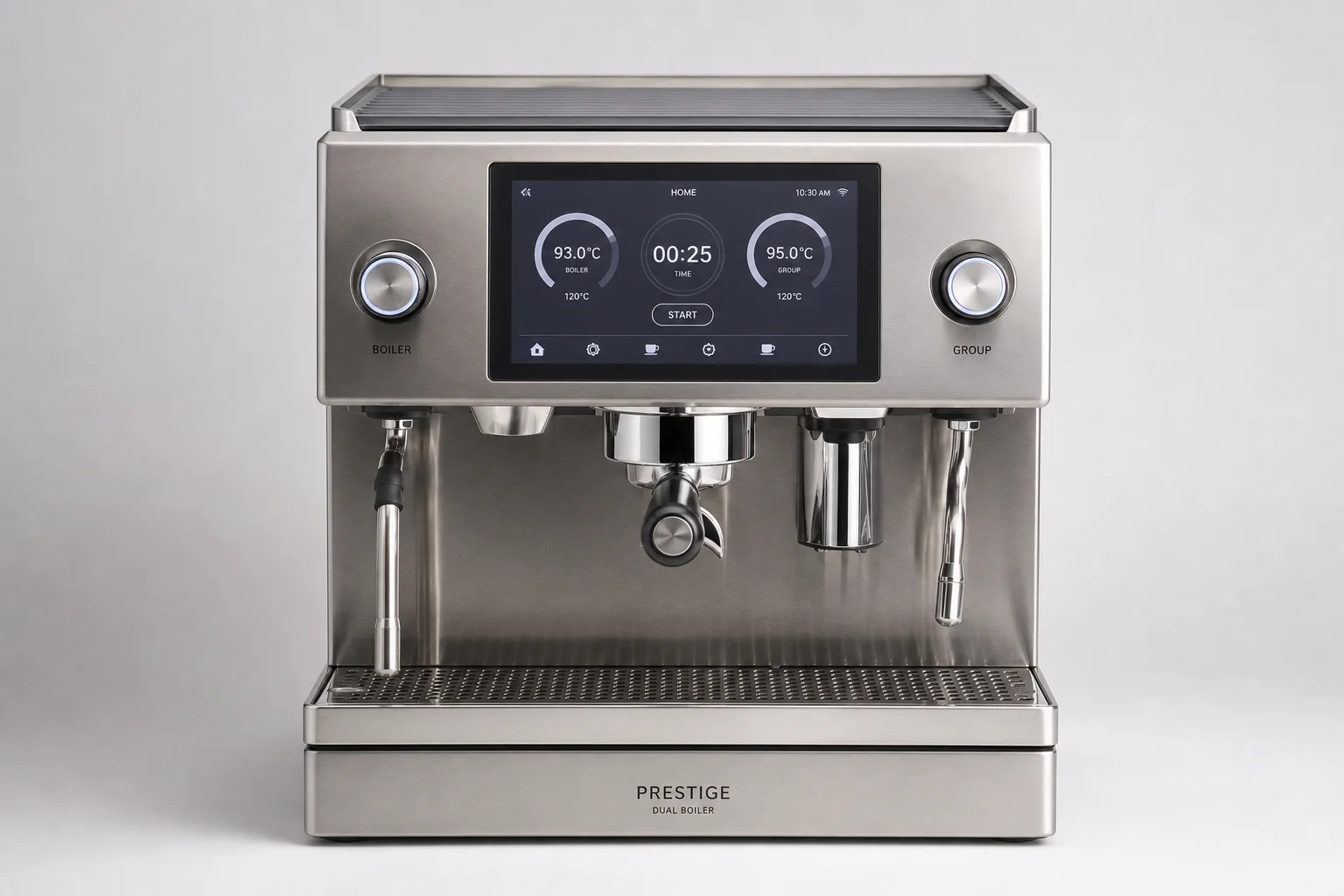 Five espresso machines arranged by size from compact to professional on concrete surface