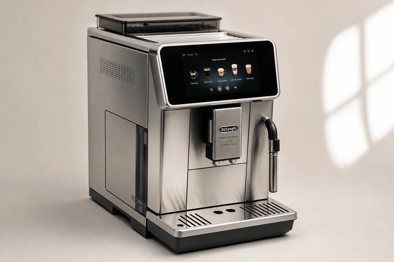 Five super automatic espresso machines displayed in a row on concrete surface