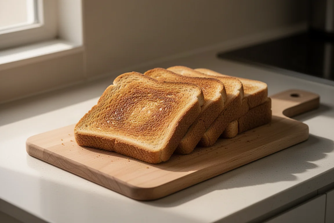Golden toast slices cooling on a wooden kitchen board