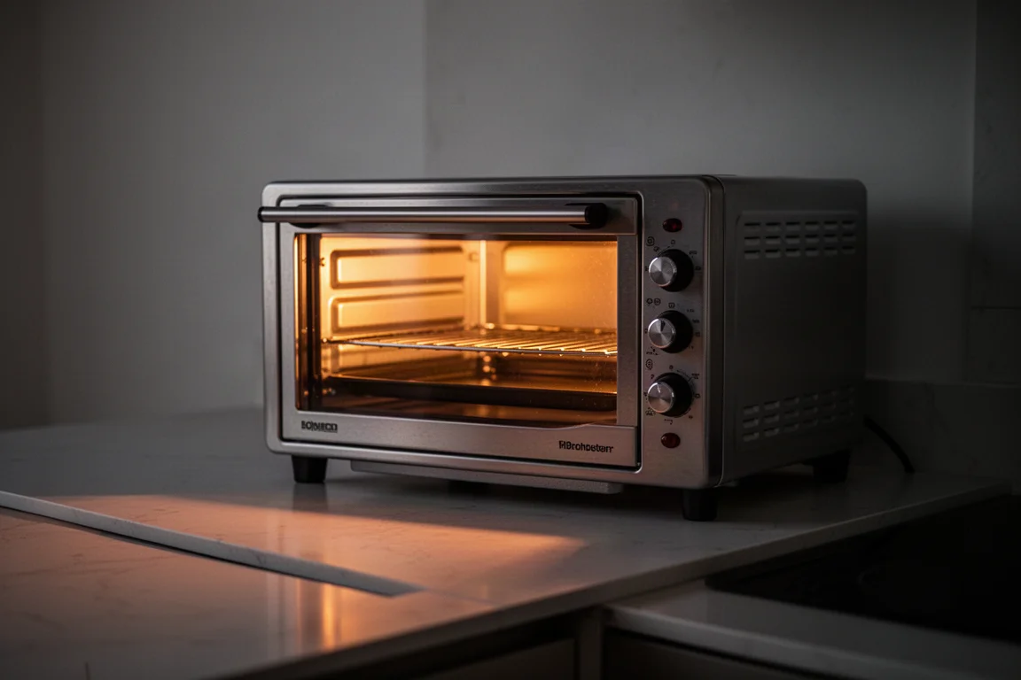 Toaster oven glowing softly while baking in a dim kitchen