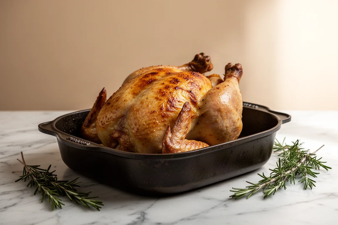 Roasted whole chicken resting in a roasting pan