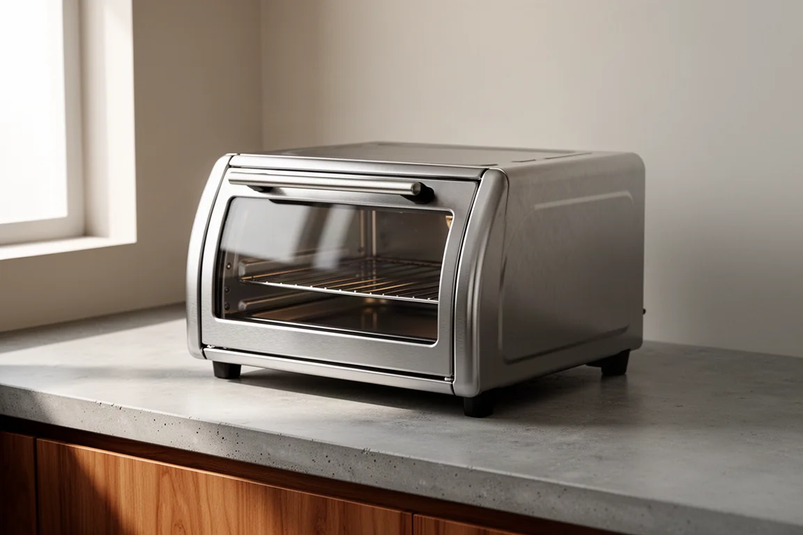 Stainless steel countertop toaster oven on a concrete kitchen counter
