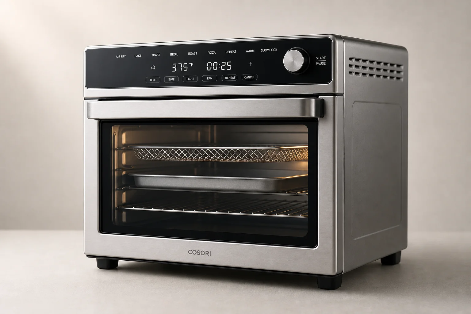 Five countertop convection ovens displayed on concrete surface