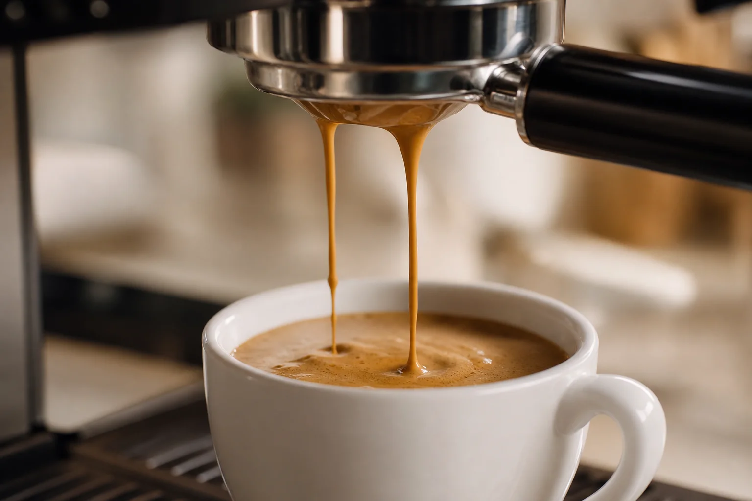Espresso pouring into white cup with golden crema