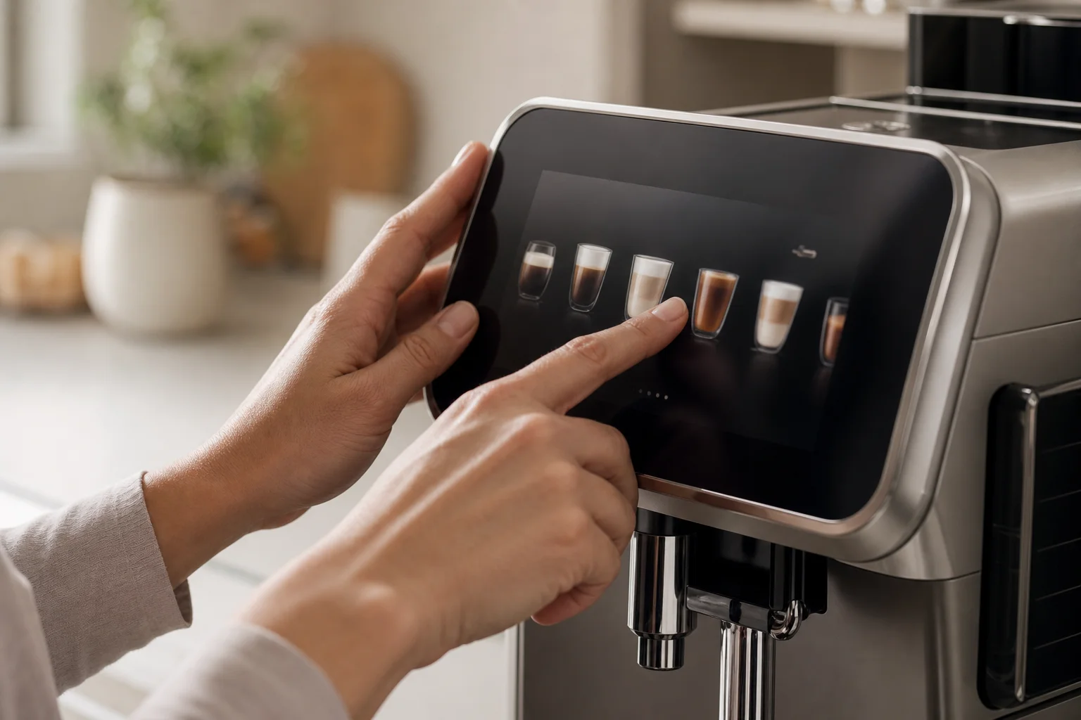 Hands adjusting touchscreen display on espresso machine
