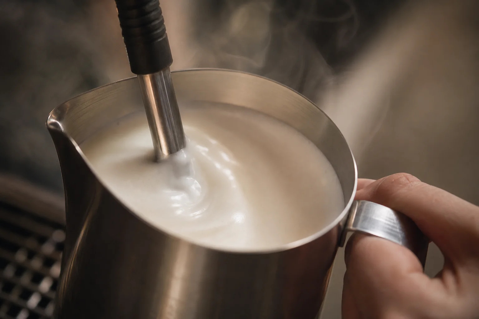 Steam wand creating silky microfoam in metal pitcher