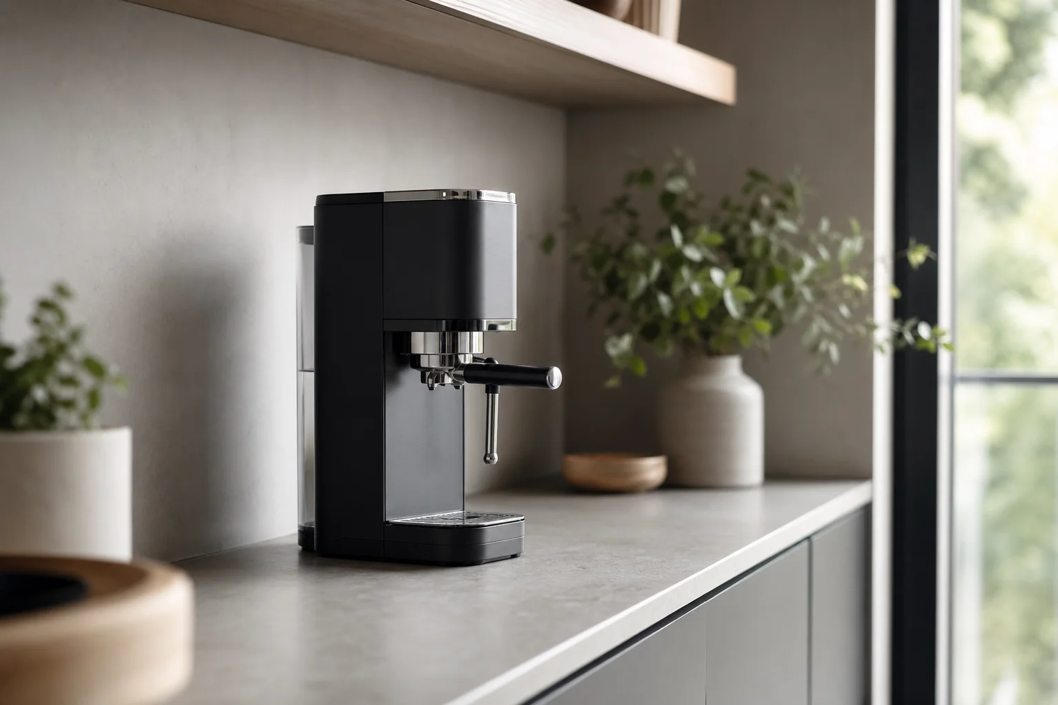 Compact espresso machine on narrow kitchen counter