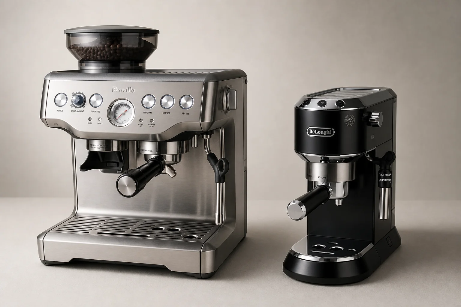 Breville and De'Longhi espresso machines side by side showing design contrast