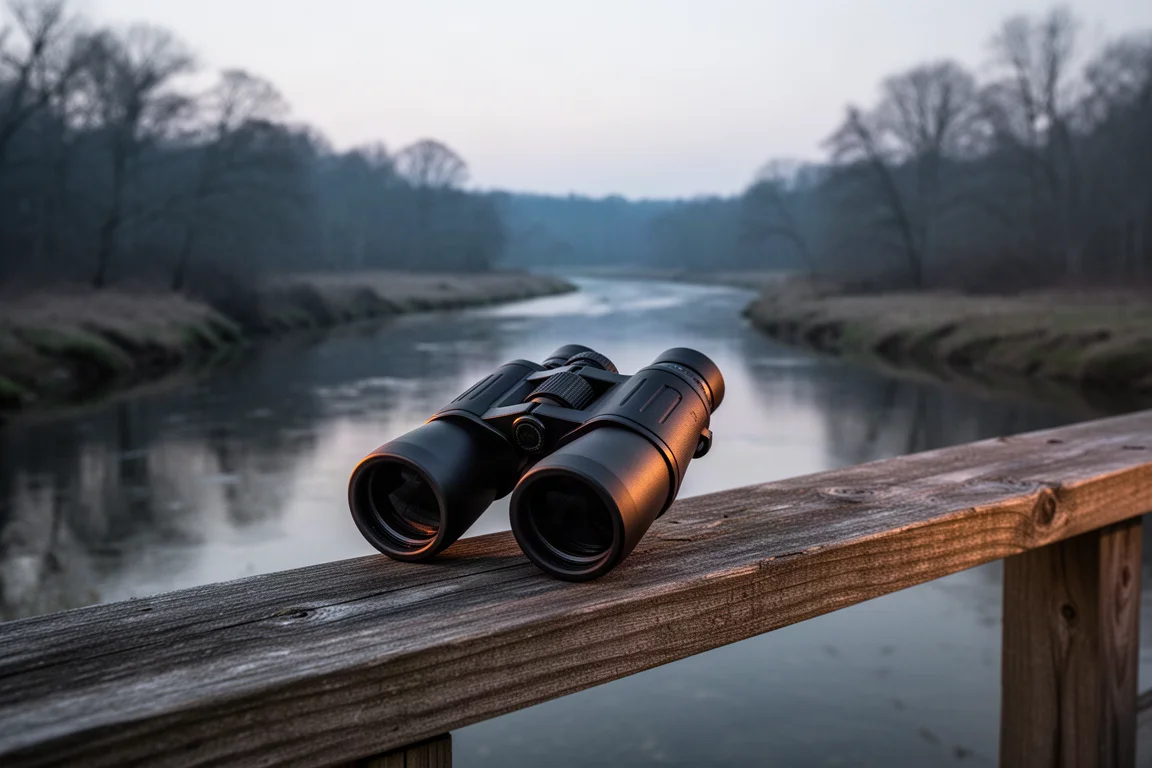 Fernglas auf einem Holzgeländer an einem Bach in der Abenddämmerung