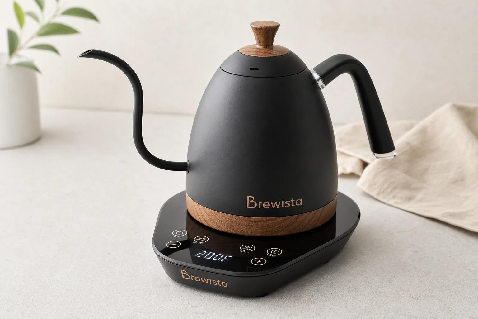 Eight electric gooseneck kettles arranged on concrete surface showing different designs and finishes