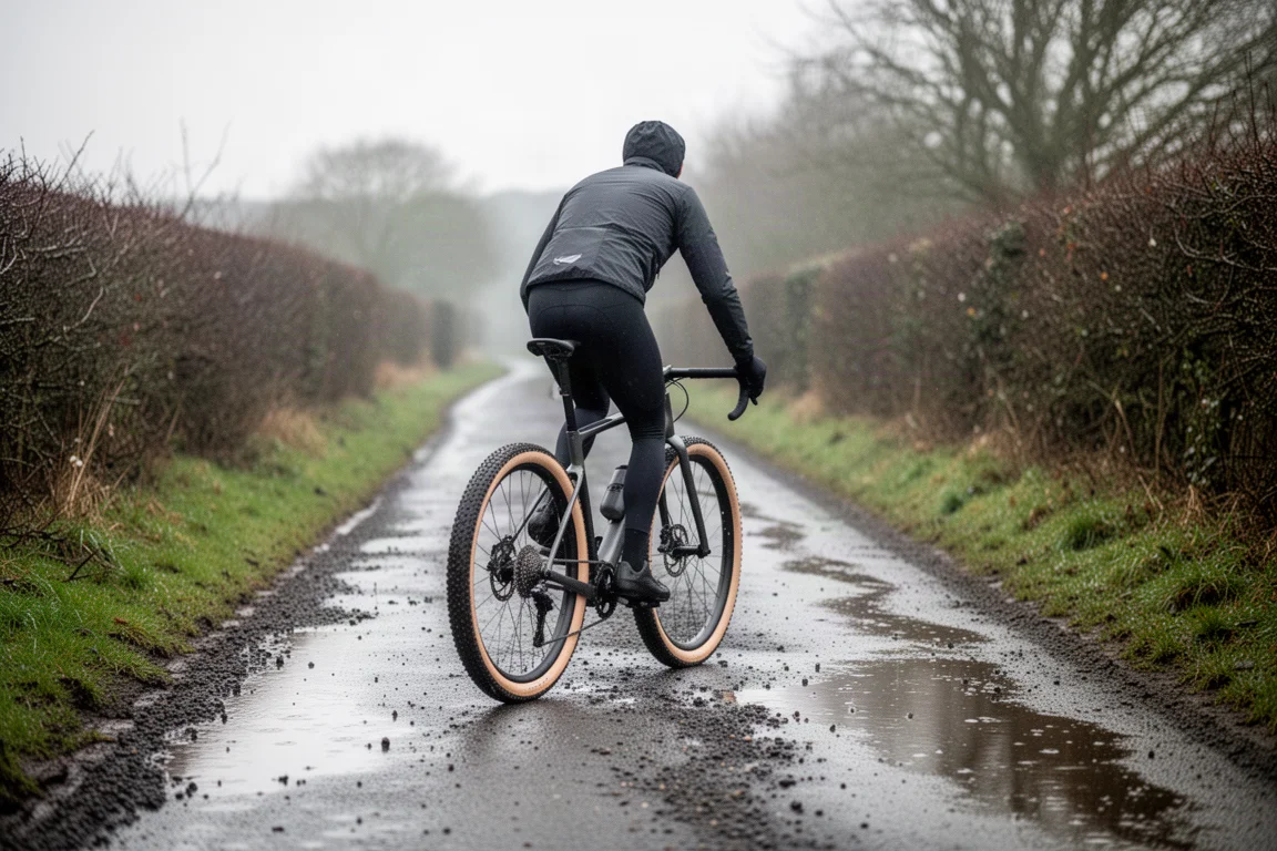 Wielrenner op een racefiets langs een smalle landweg in het lage winterlicht