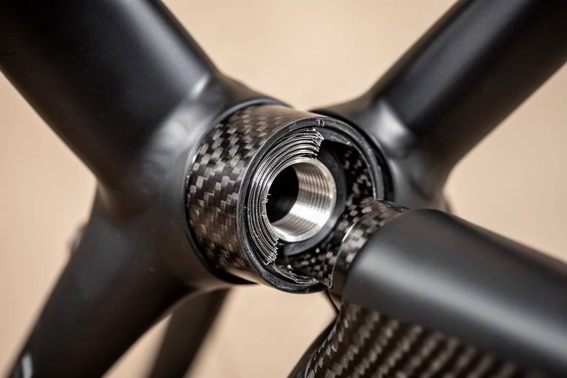Close-up van de kroon van een carbon vork met brede bandenruimte en interne kabelgeleiding