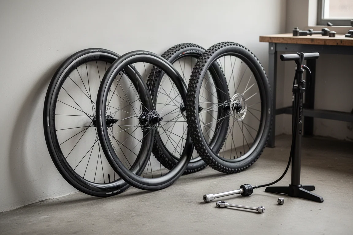 Platliggend bovenaanzicht van carbon frameset, wielen en aandrijvingsonderdelen op beton
