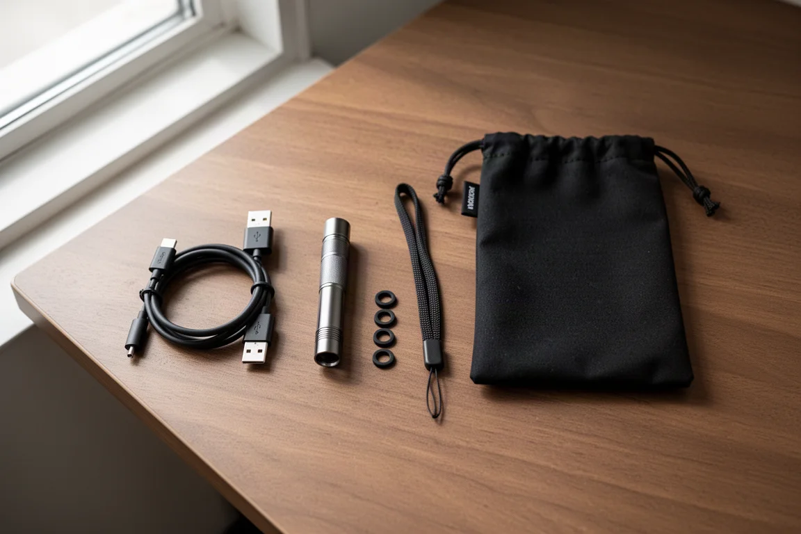 Linterna táctica de aluminio negro con cable de carga, adaptador de batería, cordón y juntas tóricas de repuesto
