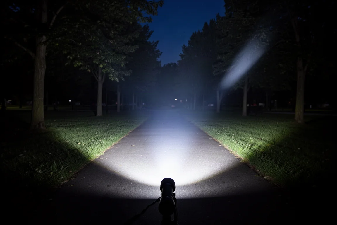 Linterna táctica proyectando un haz blanco frío brillante por un sendero de parque oscuro de noche