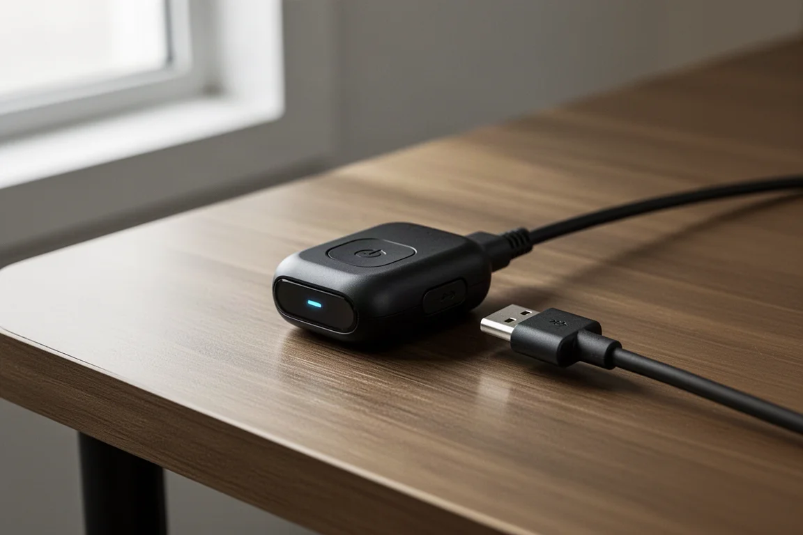特寫鏡頭:一條帶直角接頭的 USB-C 線正在為小型裝置充電