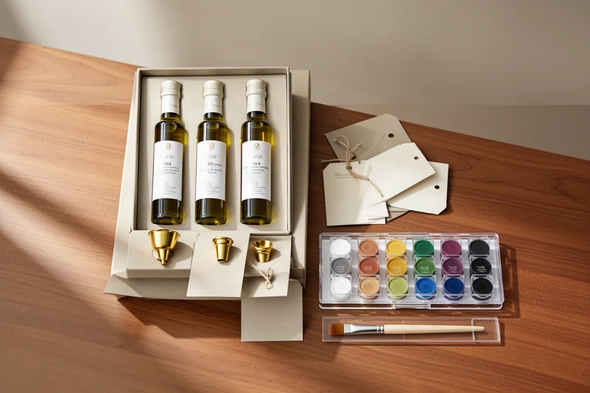 Two olive oil bottles and a small paint set unpacked on a table