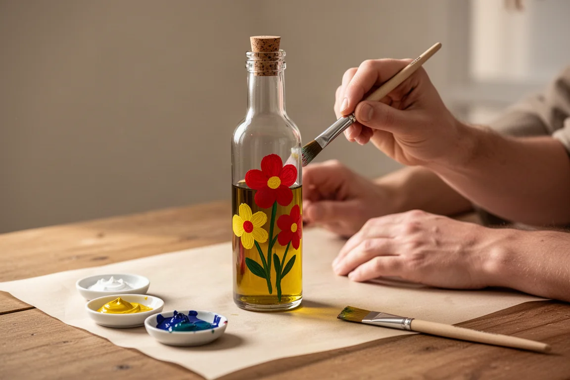 Person painting bold floral designs on an olive oil bottle