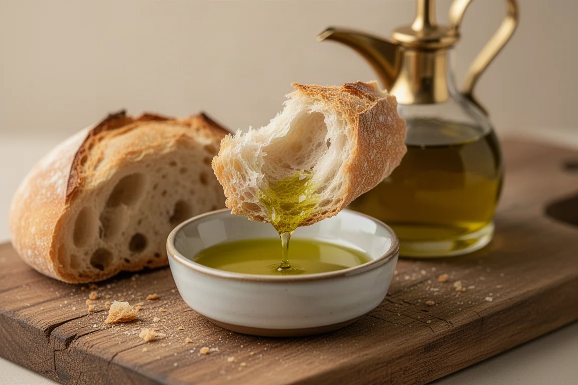 Fresh bread and olive oil in a small dish ready for dipping