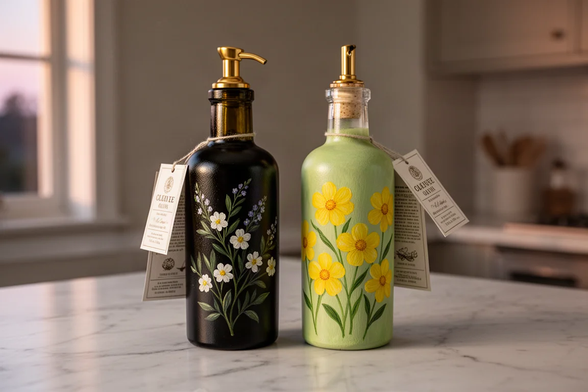 Two hand-painted olive oil bottles finished and displayed together