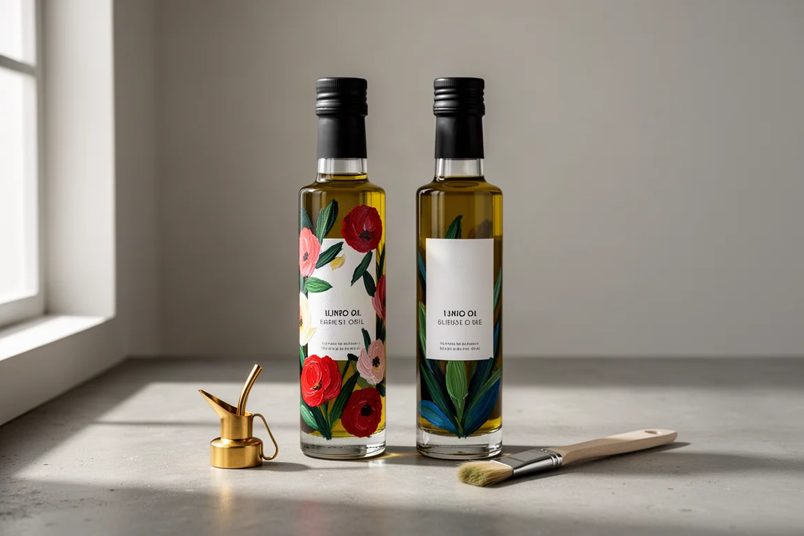 Due bottiglie di olio d'oliva, una dipinta a mano con fiori, accanto a un tappo versatore dorato e a un pennello