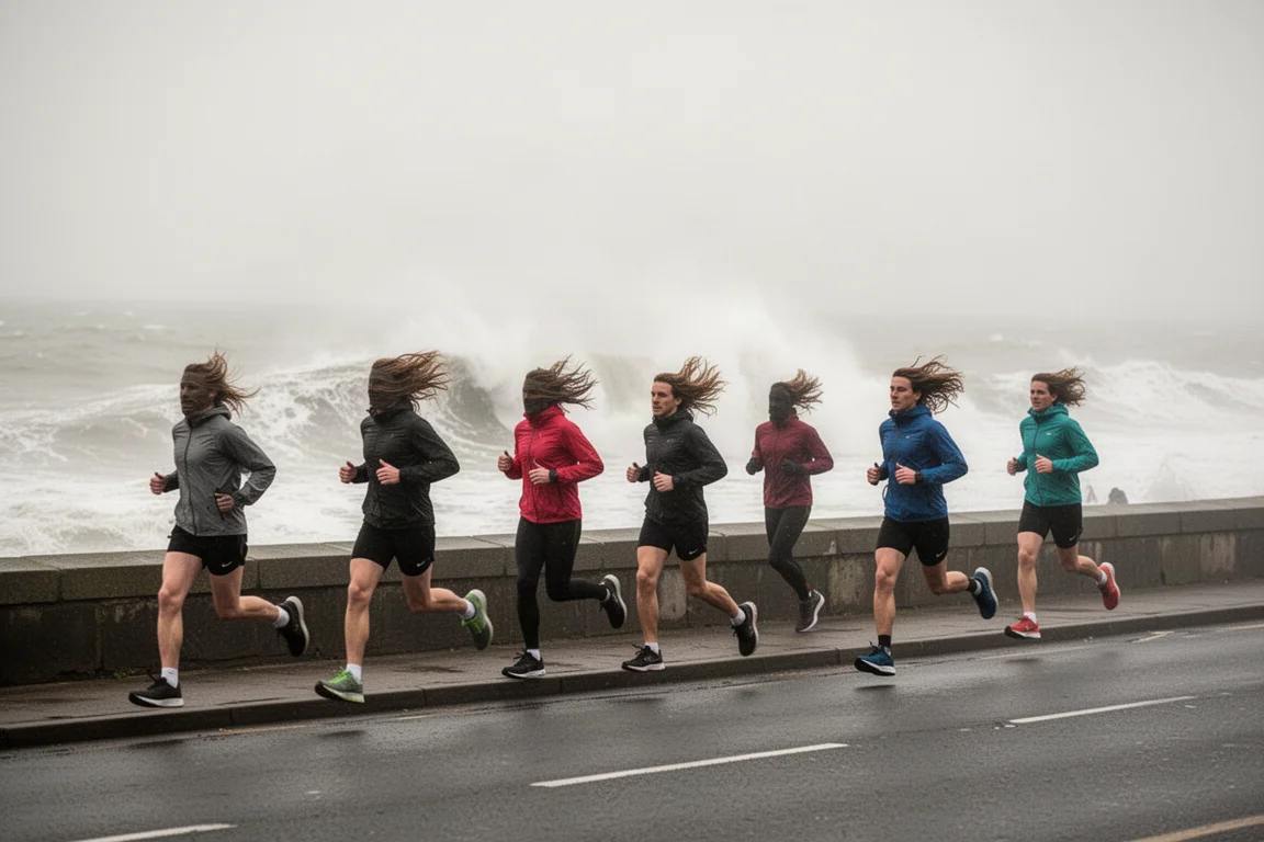 Hardlopers rennend over een kustweg aan de zee in harde wind