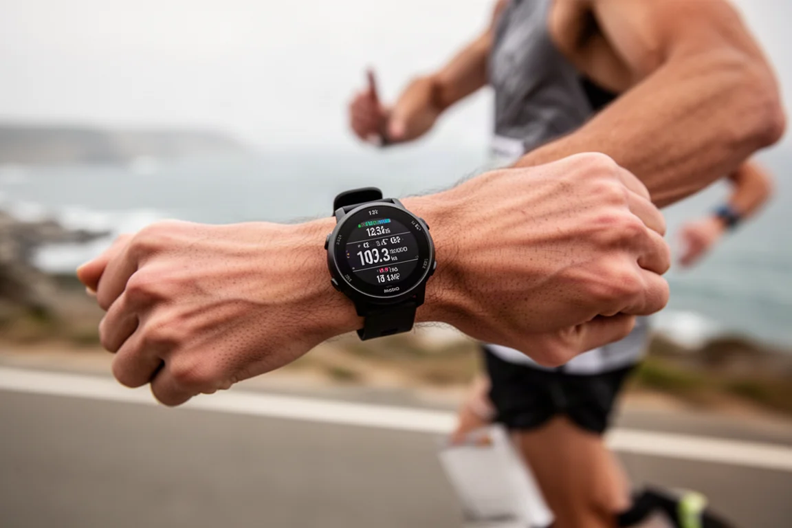 Hardloper die tijdens een race een GPS-sporthorloge controleert