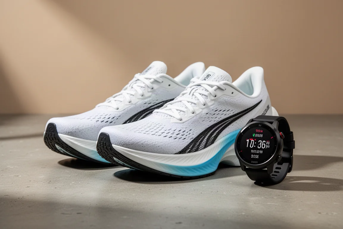 Scarpe da corsa con piastra in carbonio e un GPS sports watch su una superficie in cemento