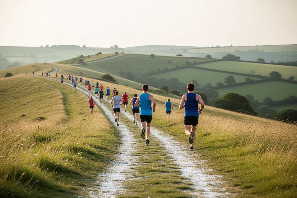 Trail-Läufer erklimmen bei strahlendem Sonnenschein einen grasbewachsenen Hügel der South Downs