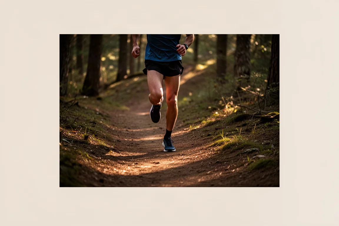 Läufer auf einem abfallenden Waldtrail im warmen Abendlicht