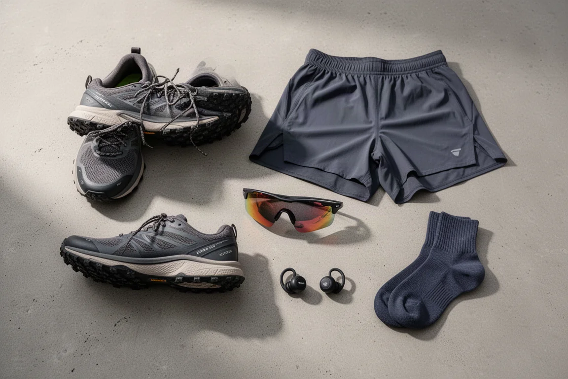 Flat-lay of trail running shoes, shorts, sunglasses, socks and earbuds on concrete