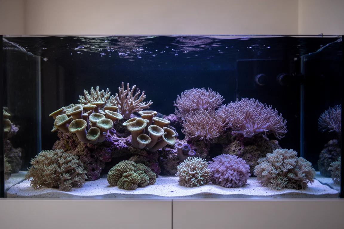 Acuario de arrecife con corales martillo y corales blandos bajo iluminación azul
