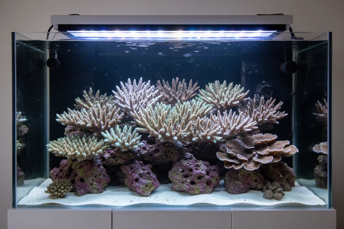 Dichtbegroeid rifaquarium met uitgestrekte koralpoliepen onder blauw en wit licht