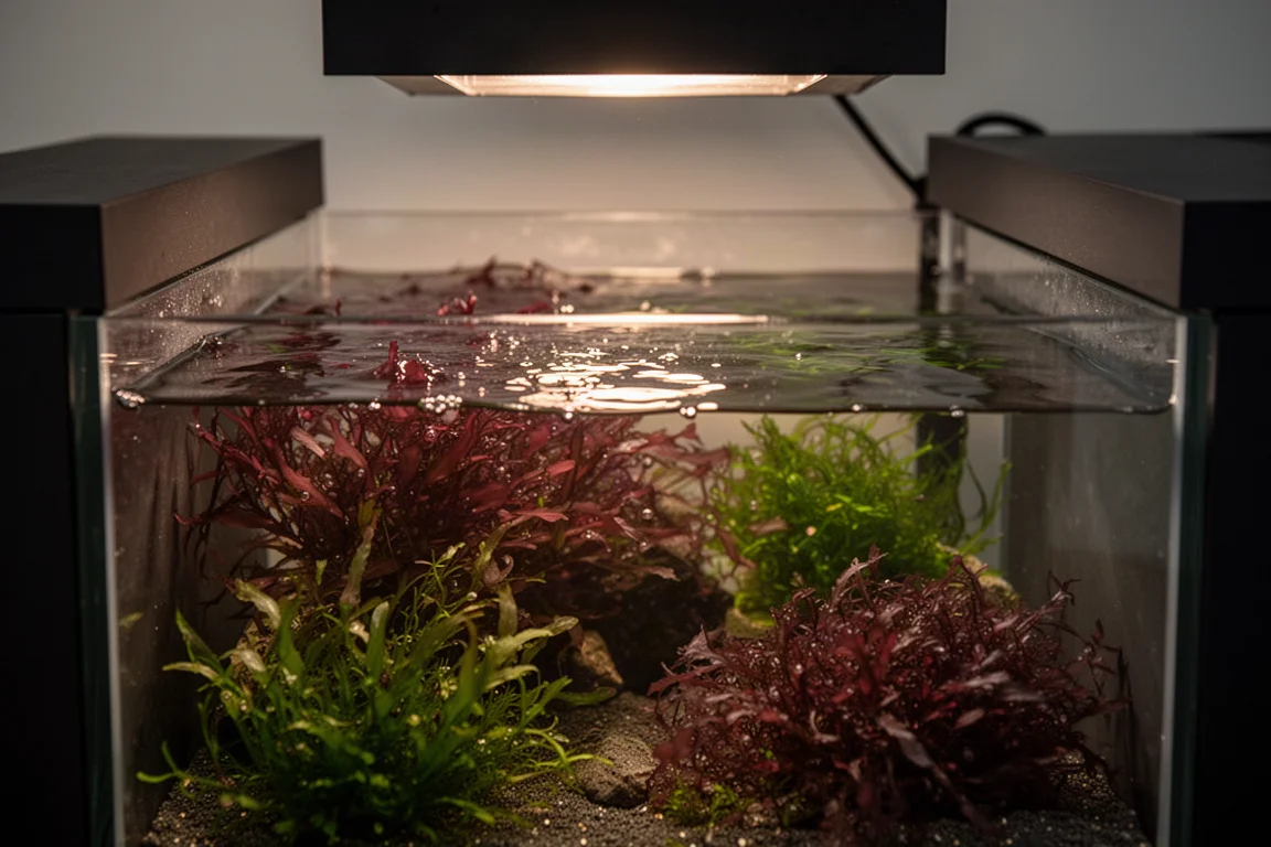 Refugium met rode en groene macroalgen die onder warm licht groeien