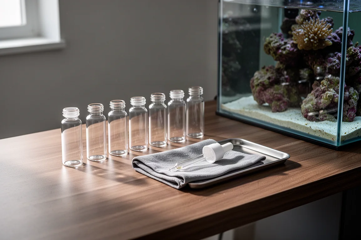 Aquariumtestbank met glazen buisjes en een druppelaar in zacht daglicht