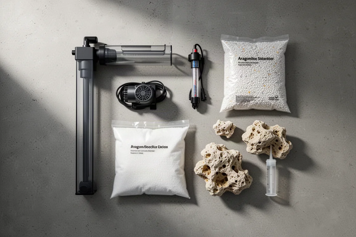 Startapparatuur voor zoutwateraquarium gerangschikt in een flat lay van bovenaf