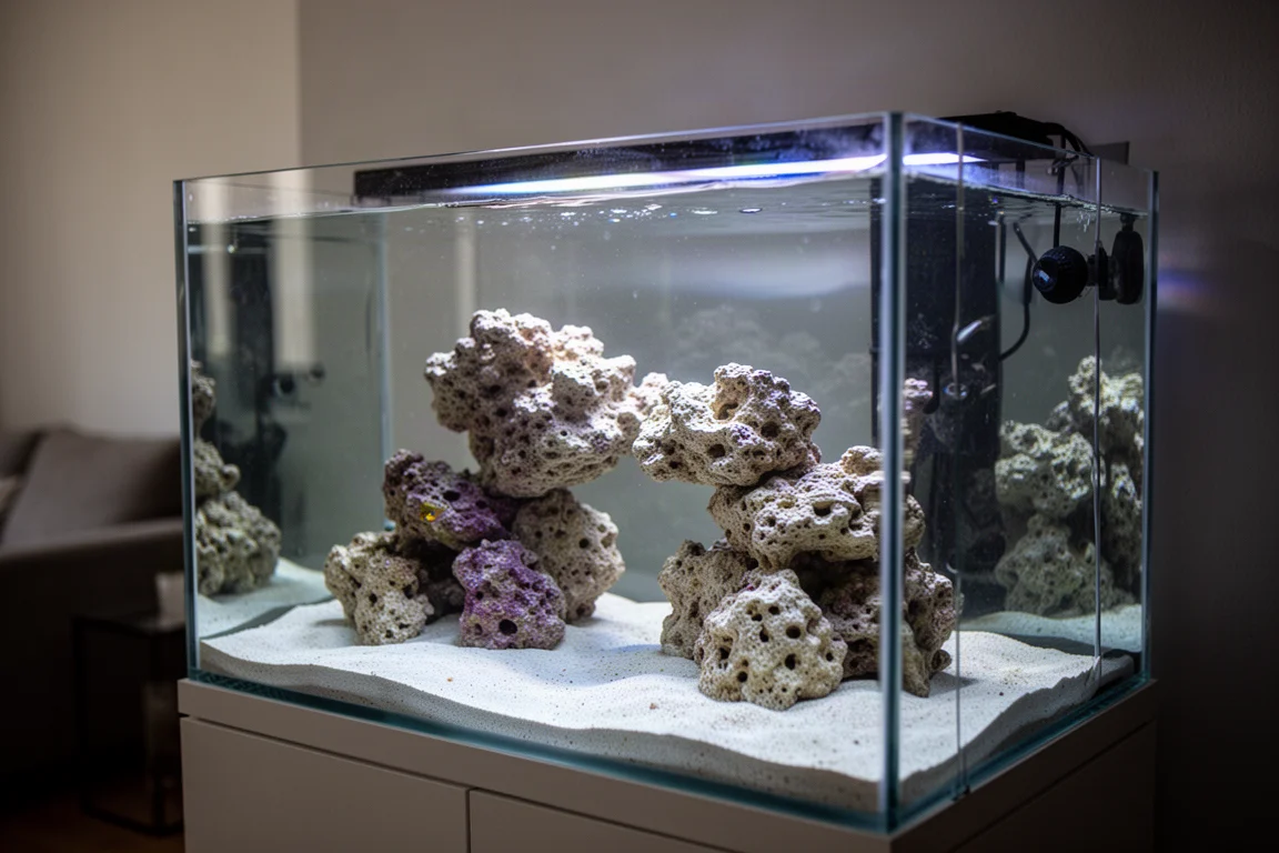 Klein rifaquarium met poreus gesteente en zanderige bodem onder zacht licht