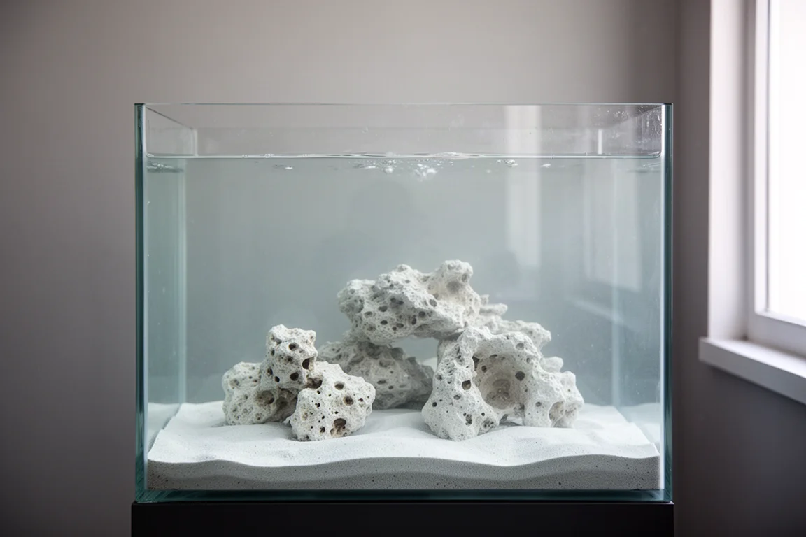 Vers gevuld aquarium met licht troebel water boven zand en steen