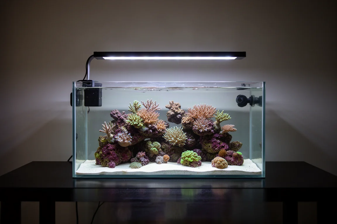 Volwassen nano-rifbak die oplicht onder een slanke LED-lamp in een dimmige kamer