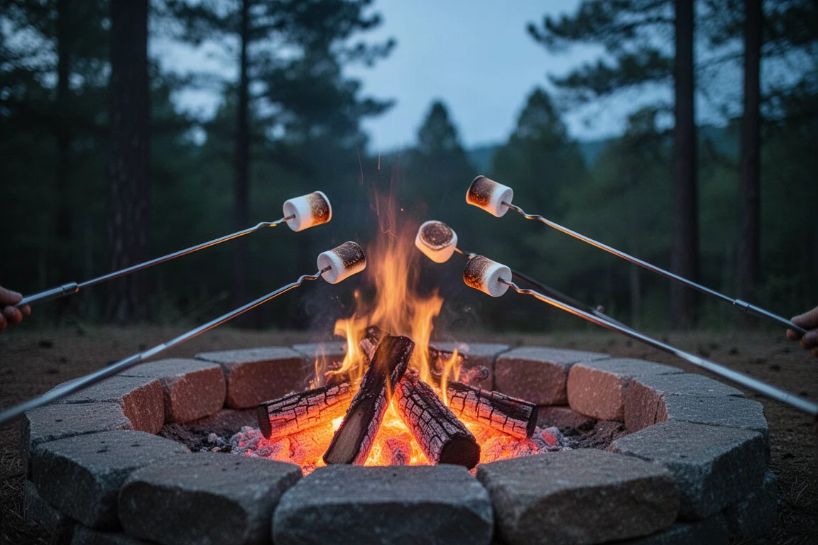 Famiglia che arrostisce marshmallow su un piccolo falò al crepuscolo con lunghi bastoncini d'acciaio